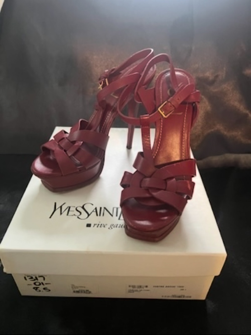 Yves Saint Laurent Burgundy Strappy Leather Platform Heels